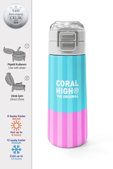 Coral High Kids Renkli Çizgili Desenli Pipetli ve Direkt İçim Çelik Termos 500 ml 31987 - Coral High KIDS