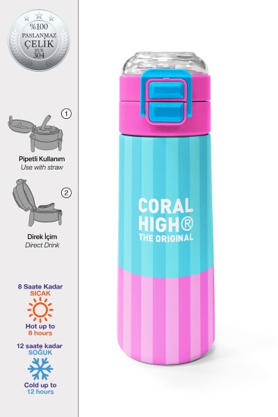 Coral High Kids Renkli Çizgili Desenli Pipetli ve Direkt İçim Çelik Termos 500 ml 31987 - 1