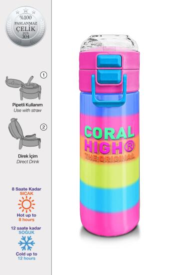 Coral High Kids Renkli Çizgili Pipetli ve Direk İçimli Paslanmaz Çelik Termos 500 ML 31986 - Coral High KIDS