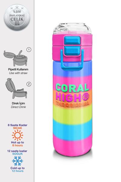 Coral High Kids Renkli Çizgili Pipetli ve Direk İçimli Paslanmaz Çelik Termos 500 ML 31986 - 1