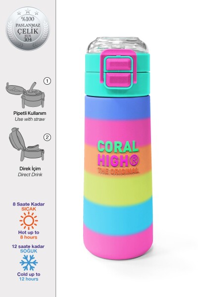Coral High Kids Renkli Çizgili Pipetli ve Direk İçimli Paslanmaz Çelik Termos 500 ML 31986 - 1