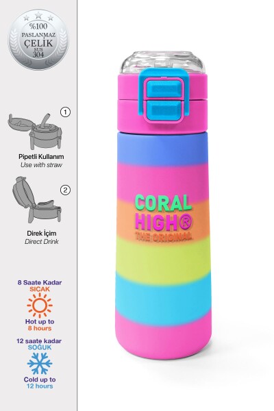 Coral High Kids Renkli Çizgili Pipetli ve Direk İçimli Paslanmaz Çelik Termos 500 ML 31986 - 1