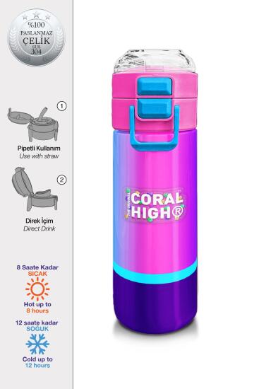Coral High Kids Renkli Çizgili Pipetli ve Direkt İçim Çelik Termos 500 ml 31836 - Coral High KIDS
