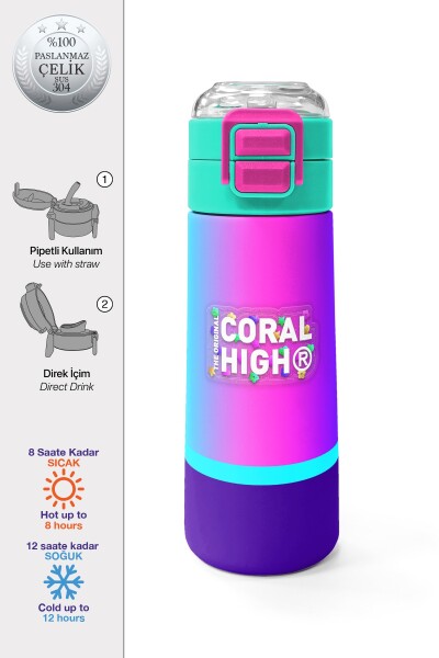 Coral High Kids Renkli Çizgili Pipetli ve Direkt İçim Çelik Termos 500 ml 31836 - 1