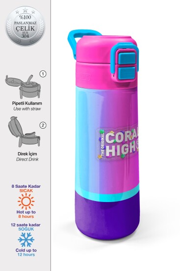 Coral High Kids Renkli Çizgili Pipetli ve Direkt İçim Çelik Termos 500 ml 31836 
