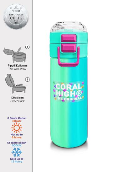 Coral High Kids Renkli Çizgili Pipetli ve Direkt İçim Çelik Termos 500 ml 31844 - Coral High KIDS