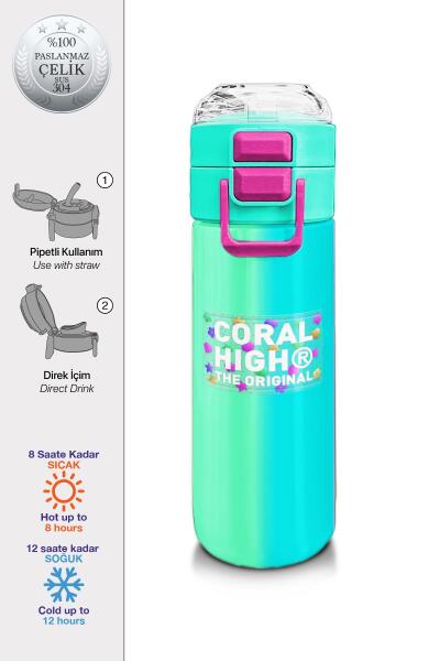 Coral High Kids Renkli Çizgili Pipetli ve Direkt İçim Çelik Termos 500 ml 31844 - 1