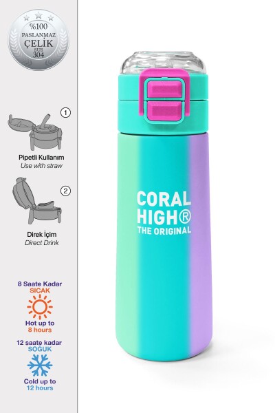 Coral High Kids Renkli Çizgili Pipetli ve Direkt İçim Çelik Termos 500 ml 31844 - 1