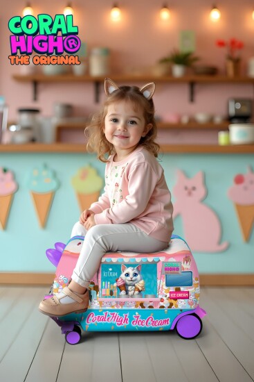 Coral High Kids Renkli Dondurmacı Kedi Desenli Otur-Çek Çocuk Valizi 16357 - 2