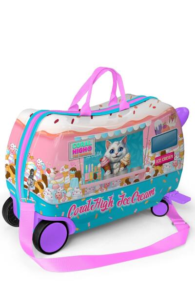 Coral High Kids Renkli Dondurmacı Kedi Desenli Otur-Çek Çocuk Valizi 16357 - 6