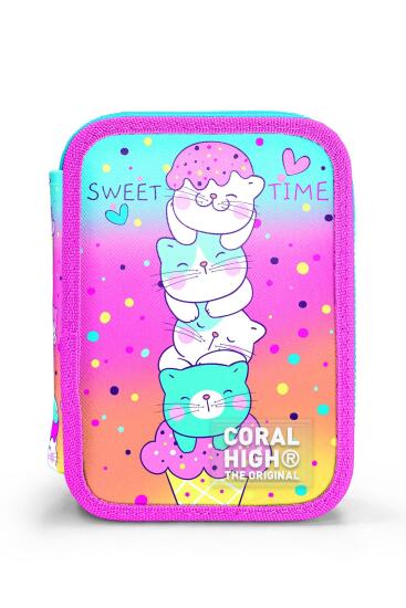 Coral High Kids Renkli Dondurmalı Kedi Desenli Çift Katlı Kalem Çanta 11139 - 10