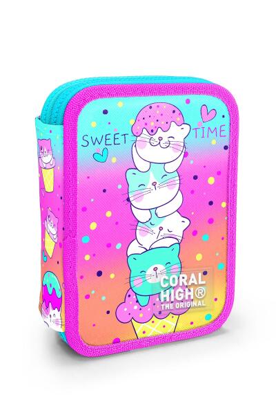 Coral High Kids Renkli Dondurmalı Kedi Desenli Çift Katlı Kalem Çanta 11139 - 1