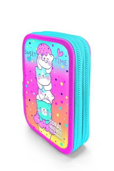 Coral High Kids Renkli Dondurmalı Kedi Desenli Çift Katlı Kalem Çanta 11139 - 2