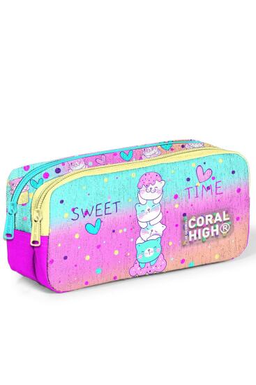 Coral High Kids Renkli Dondurmalı Kedi Desenli İki Bölmeli Kalem Çantası 12081 - Coral High KIDS