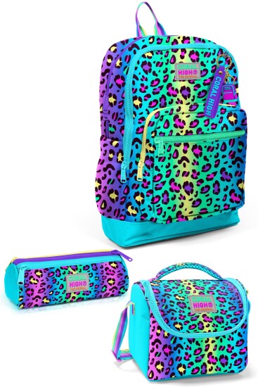 Coral High Kids Renkli Leopar Desenli 3’lü Okul Çanta Seti SET0123769 - Coral High