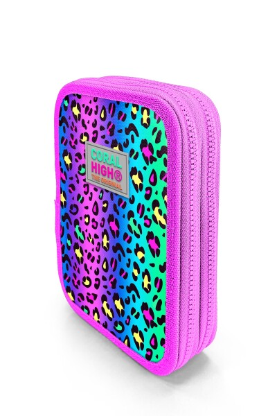 Coral High Kids Renkli Leopar Desenli Çift Katlı Kalem Çanta 11143 - 3
