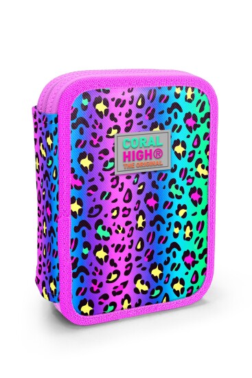 Coral High Kids Renkli Leopar Desenli Çift Katlı Kalem Çanta 11143 