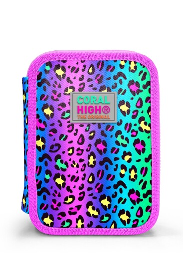 Coral High Kids Renkli Leopar Desenli Çift Katlı Kalem Çanta 11143 - 2
