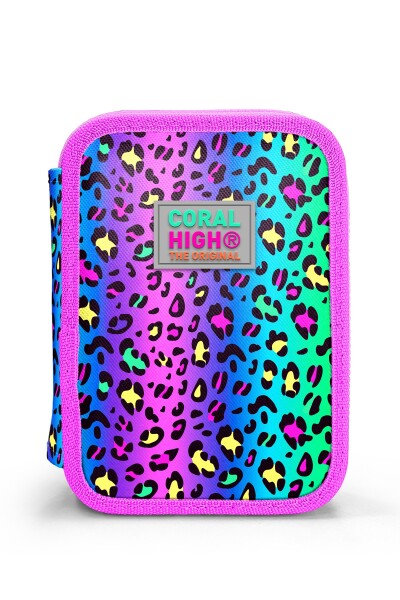 Coral High Kids Renkli Leopar Desenli Çift Katlı Kalem Çanta 11143 - 2