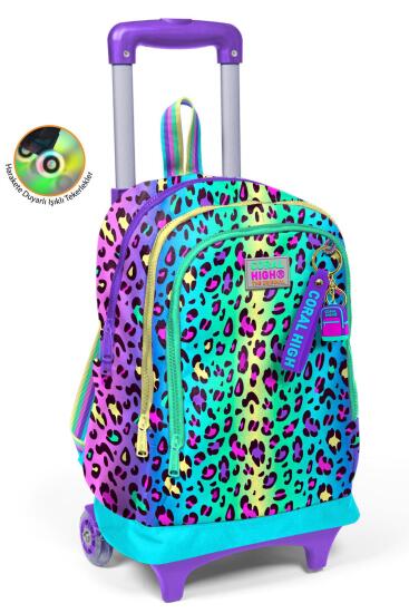 Coral High Kids Renkli Leopar Desenli Üç Bölmeli Çekçekli Okul Sırt Çantası 23969 - Coral High KIDS