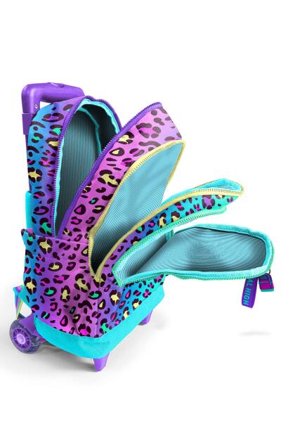 Coral High Kids Renkli Leopar Desenli Üç Bölmeli Çekçekli Okul Sırt Çantası 23969 - 3