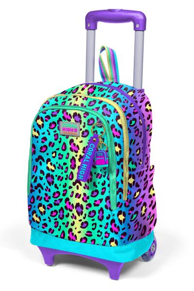 Coral High Kids Renkli Leopar Desenli Üç Bölmeli Çekçekli Okul Sırt Çantası 23969 - 6
