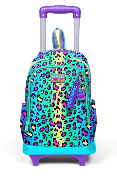 Coral High Kids Renkli Leopar Desenli Üç Bölmeli Çekçekli Okul Sırt Çantası 23969 - 8