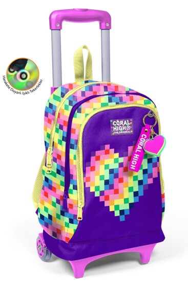Coral High Kids Renkli Piksel Kalp Desenli Üç Bölmeli Çekçekli Okul Sırt Çantası 34008 - Coral High