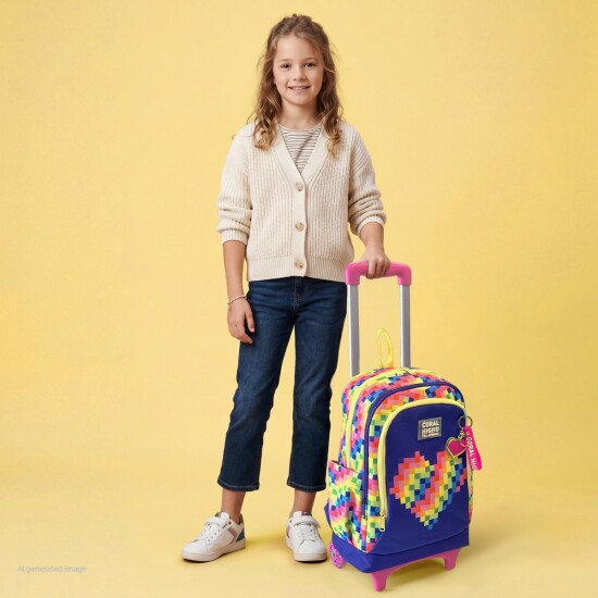Coral High Kids Renkli Piksel Kalp Desenli Üç Bölmeli Çekçekli Okul Sırt Çantası 34008 - Coral High