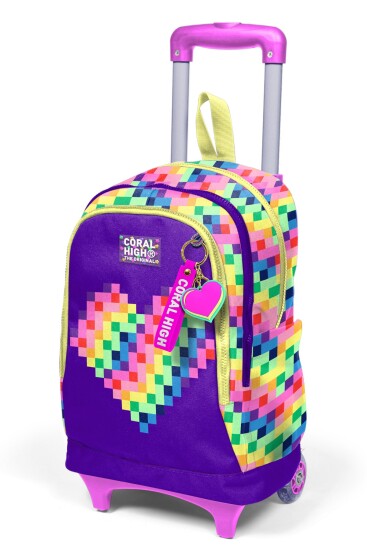 Coral High Kids Renkli Piksel Kalp Desenli Üç Bölmeli Çekçekli Okul Sırt Çantası 34008 - 7
