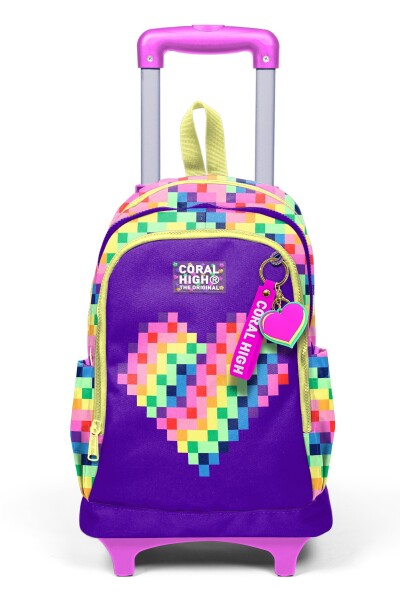 Coral High Kids Renkli Piksel Kalp Desenli Üç Bölmeli Çekçekli Okul Sırt Çantası 34008 - 9