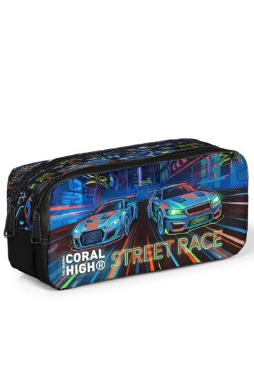 Coral High Kids Renkli Yarış Arabası Desenli İki Bölmeli Kalem Çantası 31059 - Coral High