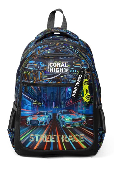 Coral High Kids Renkli Yarış Arabası Desenli Üç Bölmeli Okul Sırt Çantası 33259 - 7