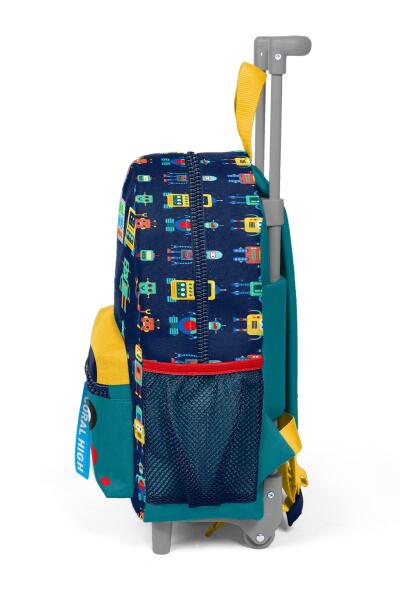 Minik Yuva Çekçekli Sırt Çantası Lacivert Çivit Robot Desenli İki Bölmeli 24012 - 6