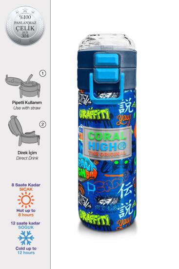 Coral High Kids Saks Grafiti Desenli Pipetli ve Direkt İçim Çelik Termos 500 ml 31968 - Coral High KIDS