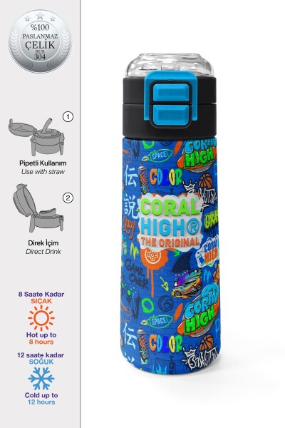 Coral High Kids Saks Grafiti Desenli Pipetli ve Direkt İçim Çelik Termos 500 ml 31968 - 1