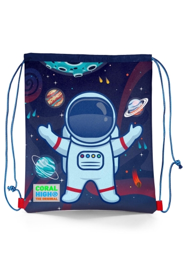 Coral High Kids Saks Mavi Astronot Desenli İpli Büzgülü Sırt Çantası 22474 - 1