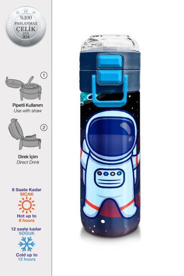 Coral High Kids Saks Mavi Astronot Desenli Pipetli ve Direkt İçim Çelik Termos 500 ml 31933 - Coral High KIDS
