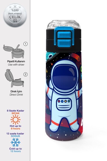 Coral High Kids Saks Mavi Astronot Desenli Pipetli ve Direkt İçim Çelik Termos 500 ml 31933 