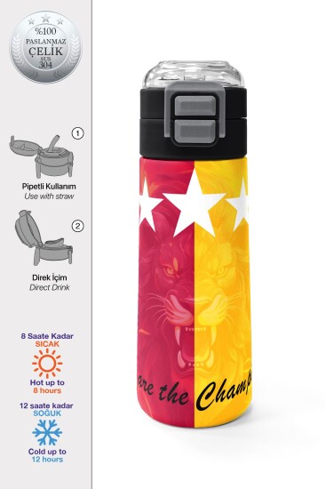 Coral High Kids Sarı Kırmızı 5 Yıldız Aslan Taraftar Desenli Pipetli ve Direkt İçim Çelik Termos 500 ml 31792 - Coral High KIDS