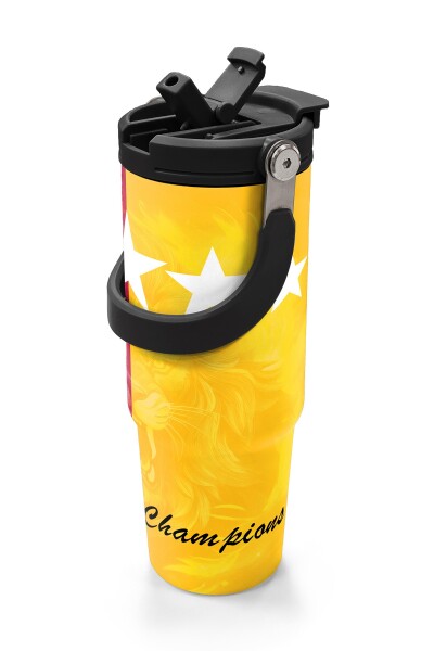 Coral High Kids Sarı Kırmızı 5 Yıldız Aslan Taraftar Desenli Pipetli ve Direkt İçim Çelik Termos 900 ml 38731 - 2