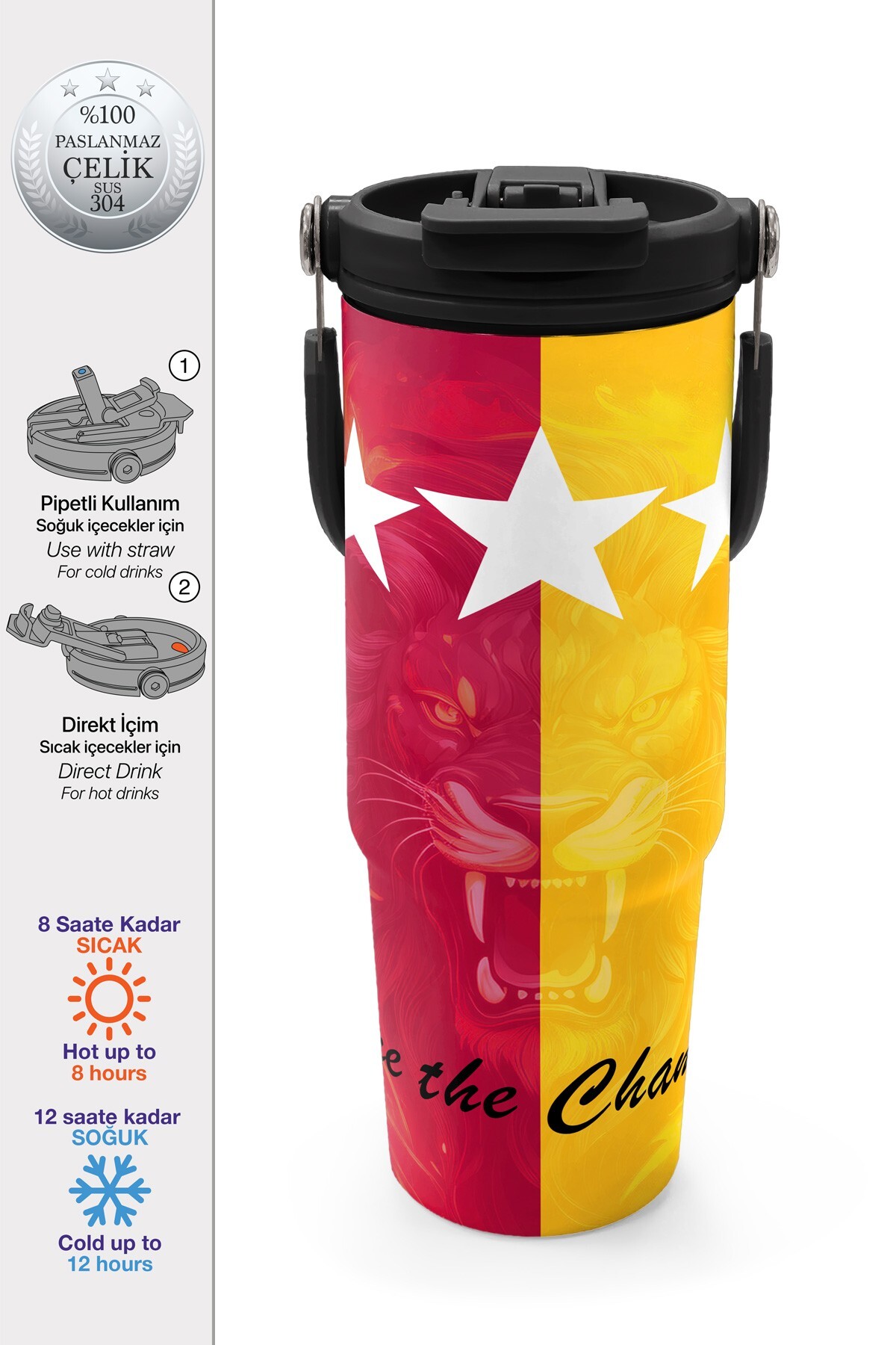Coral High Kids Sarı Kırmızı 5 Yıldız Aslan Taraftar Desenli Pipetli ve Direkt İçim Çelik Termos 900 ml 38731