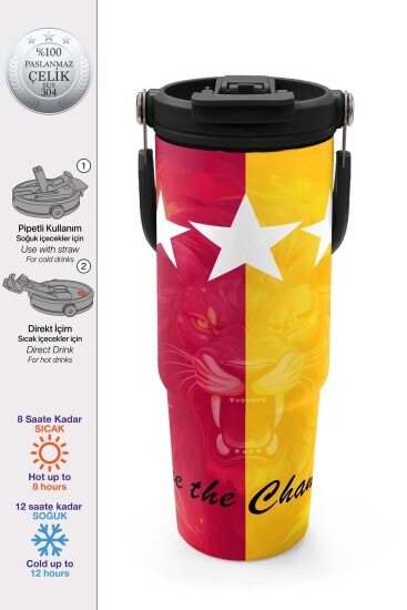 Coral High Kids Sarı Kırmızı 5 Yıldız Aslan Taraftar Desenli Pipetli ve Direkt İçim Çelik Termos 900 ml 38731 - Coral High