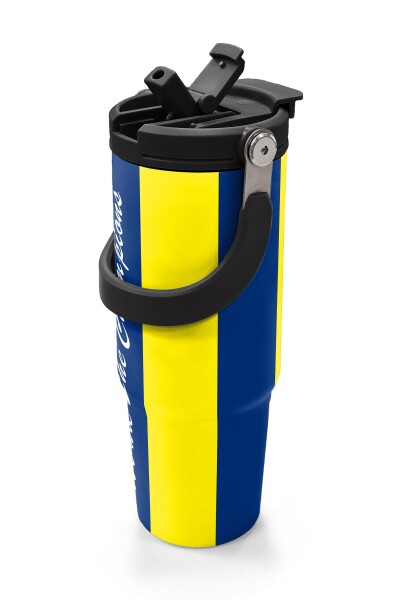 Coral High Kids Sarı Lacivert Çubuklu Pipetli ve Direkt İçim Çelik Termos 900 ml 38730 - 2