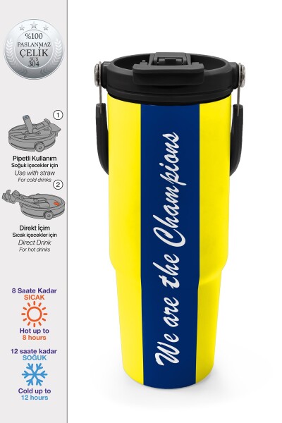 Coral High Kids Sarı Lacivert Çubuklu Pipetli ve Direkt İçim Çelik Termos 900 ml 38730 - 1