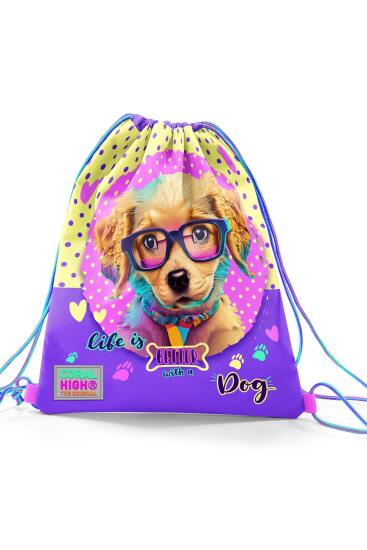 Coral High Kids Sarı Pembe Sevimli Köpek Desenli İpli Büzgülü Sırt Çantası 12646 - 2
