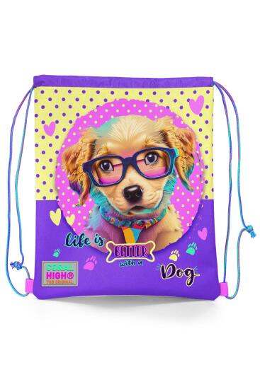 Coral High Kids Sarı Pembe Sevimli Köpek Desenli İpli Büzgülü Sırt Çantası 12646 - Coral High KIDS