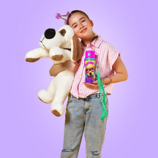 Coral High Kids Sarı Pembe Sevimli Köpek Desenli Pipetli Çelik Matara 600 ml 11961 - 4