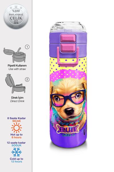 Coral High Kids Sarı Pembe Sevimli Köpek Desenli Pipetli ve Direkt İçim Çelik Termos 500 ml 31953 - 1