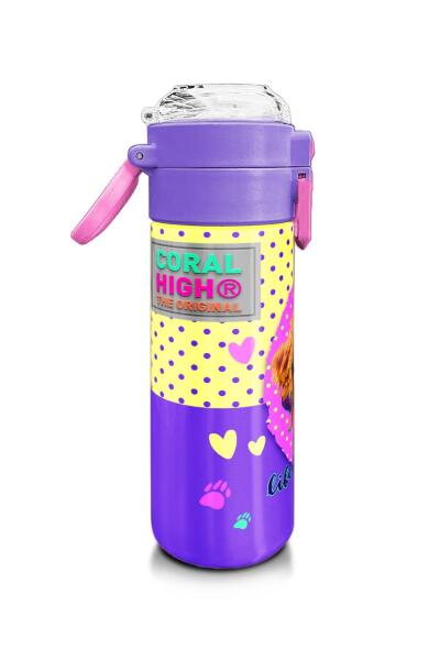 Coral High Kids Sarı Pembe Sevimli Köpek Desenli Pipetli ve Direkt İçim Çelik Termos 500 ml 31953 - 2